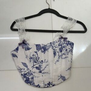 Reformation floral linen cropped corset top with lace straps size 0 - worn